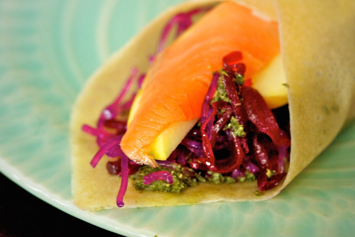 Coconut meat wraps with smoked salmon