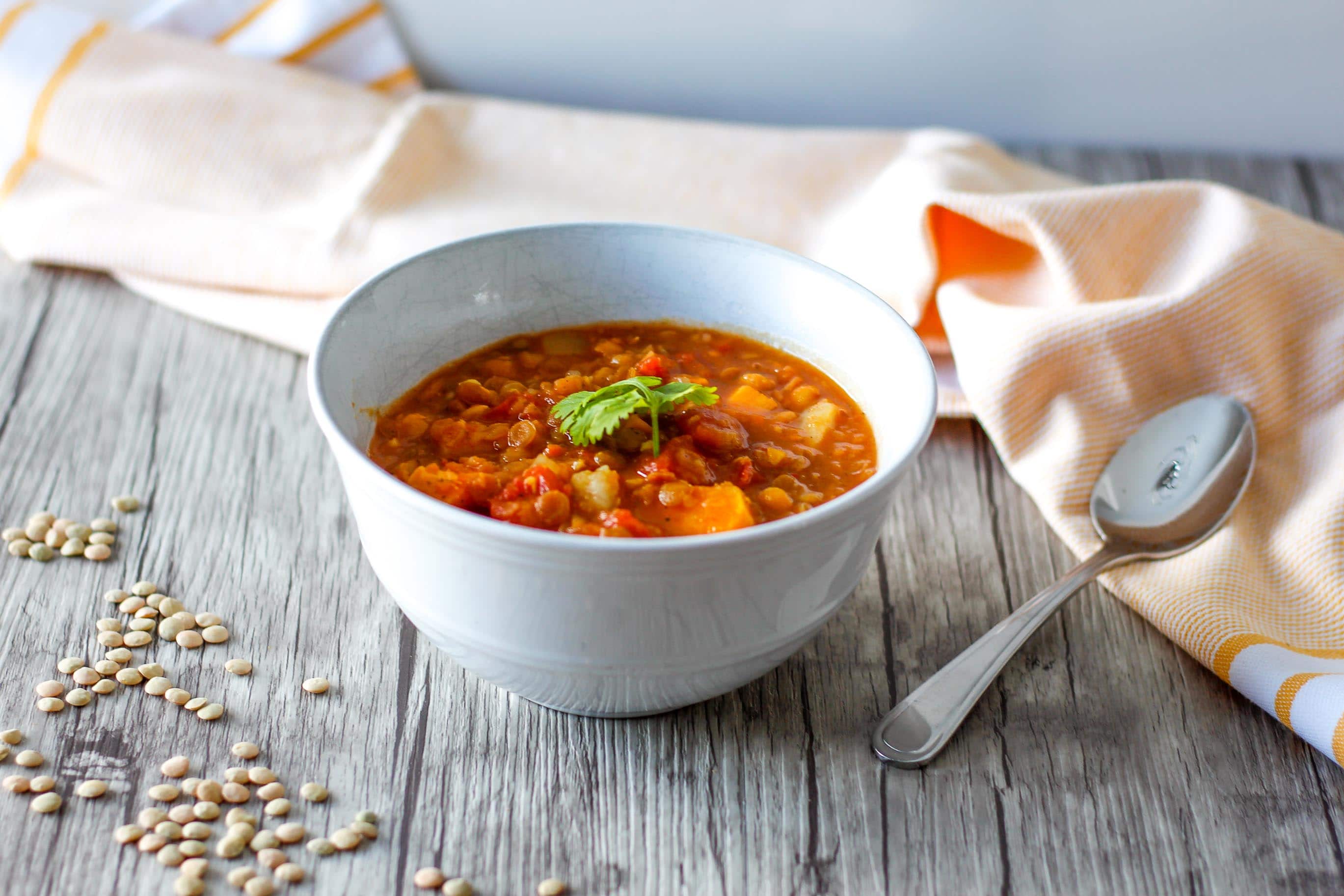vegan lentil and vegetable soup in a bowl