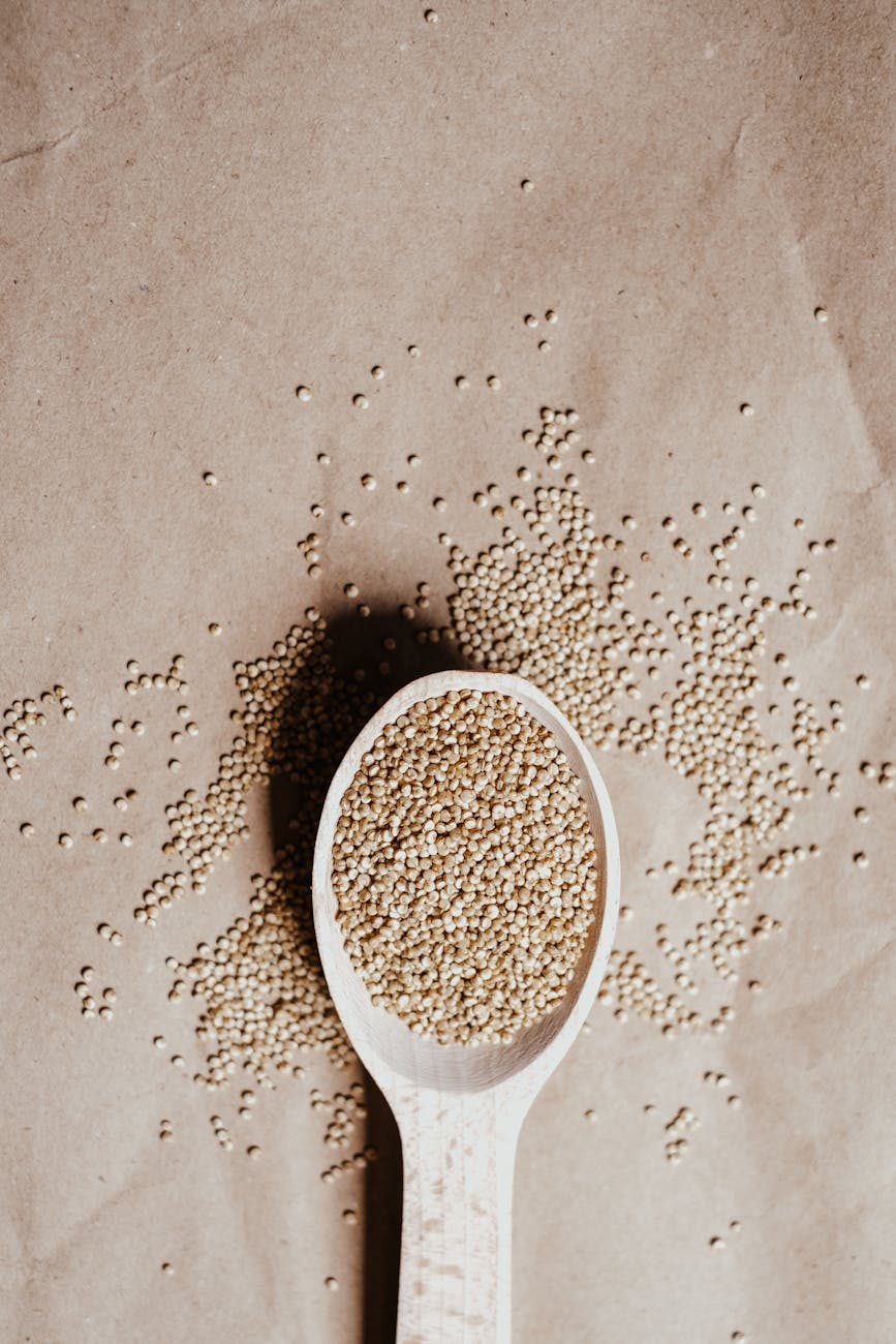 quinoa grains on a spoon