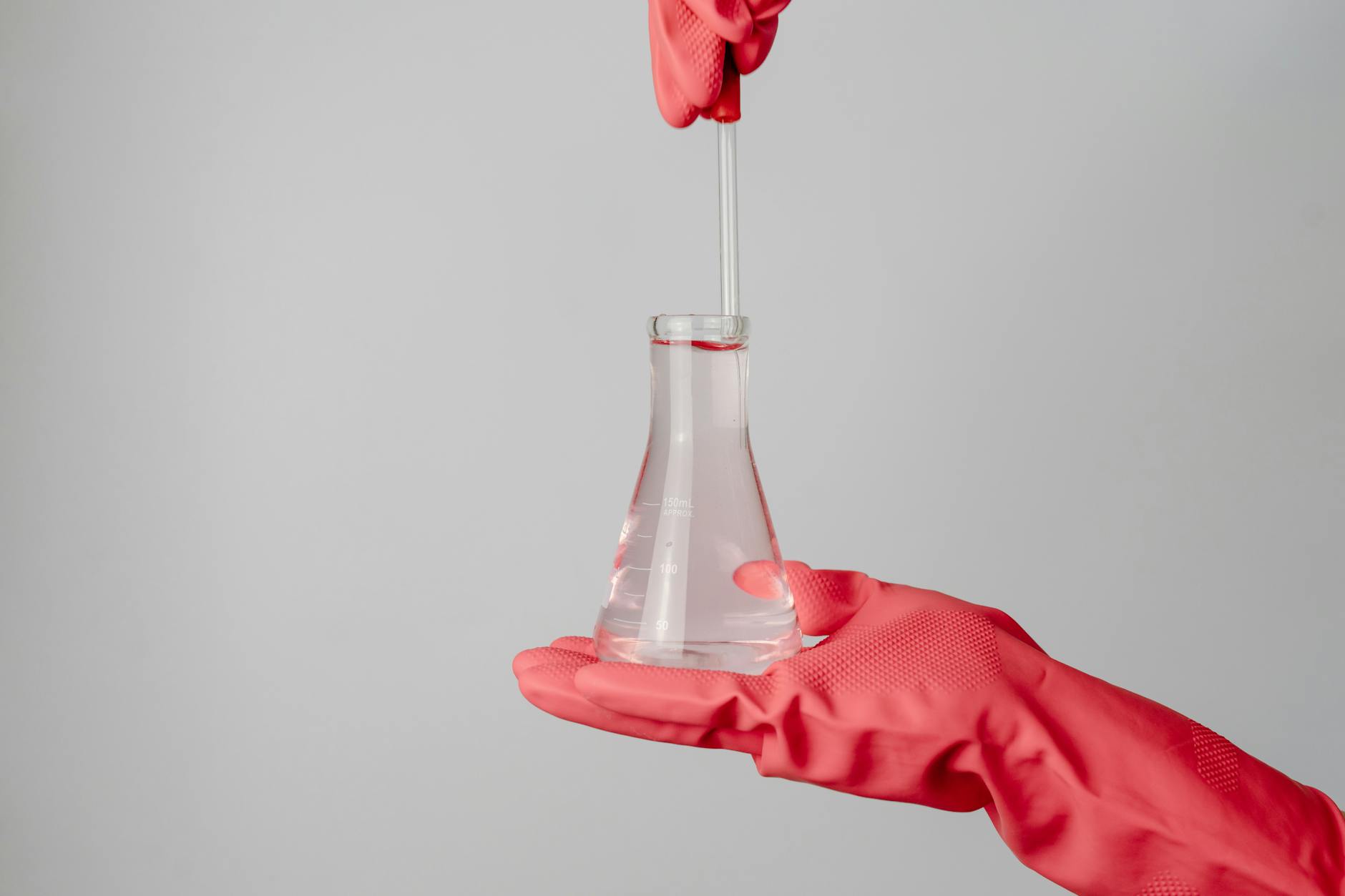 hands with pink gloves holding a glass flask with liquid