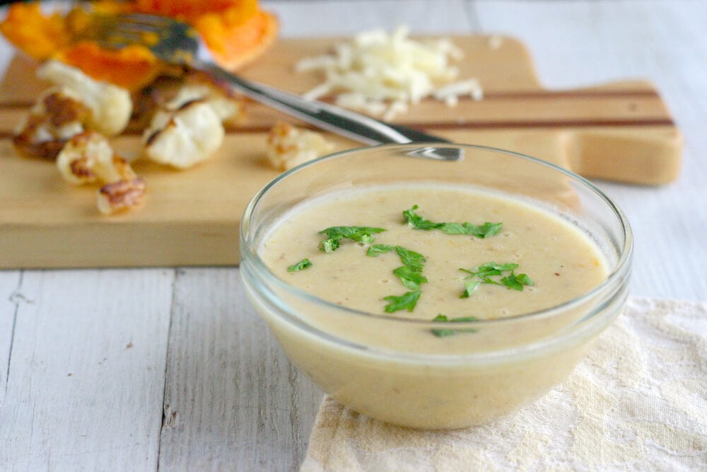Roasted cauliflower, cheddar and squash soup